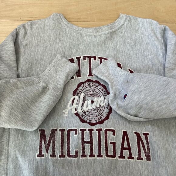 Vintage Central Michigan Sweatshirt XL Gray 90s Champion Reverse Weave Pullover - Picture 4 of 10
